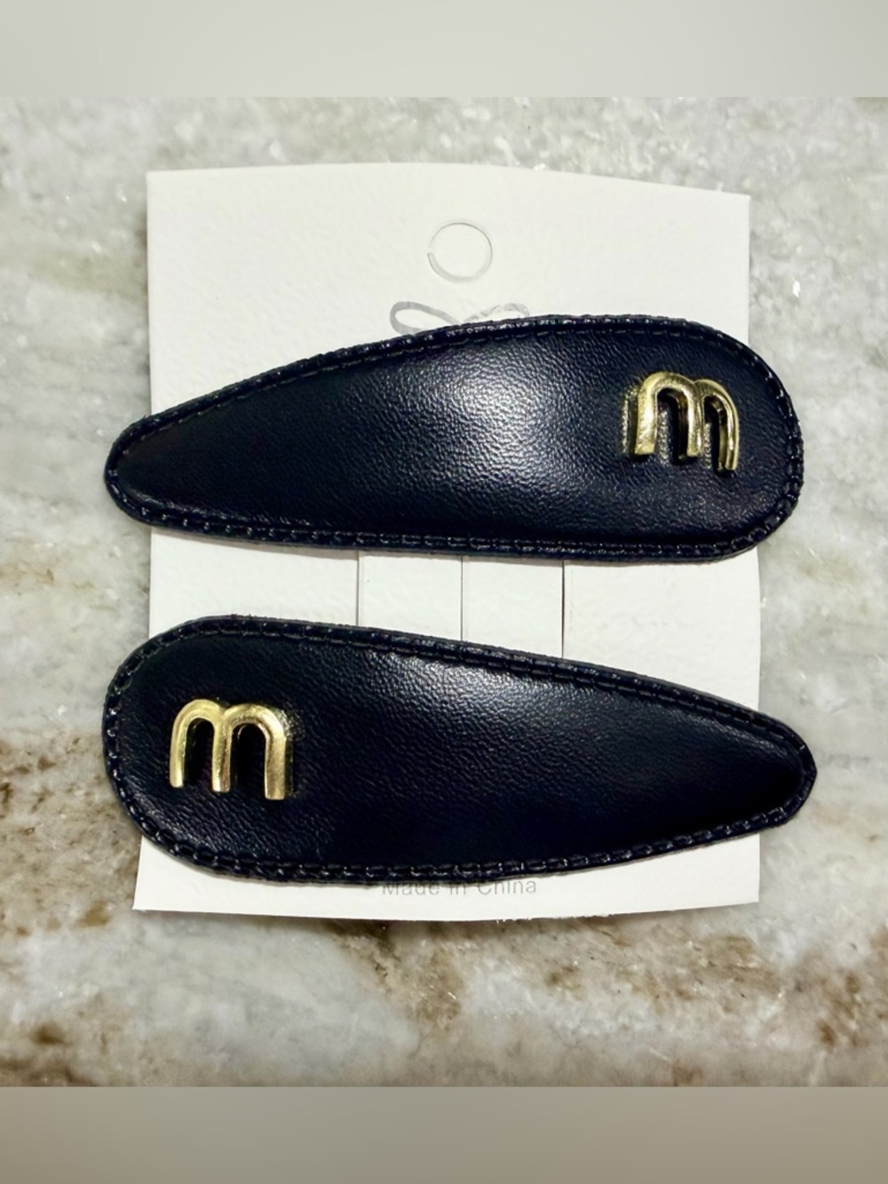 Pair of Mui Mui Black w Gold ‘M’ Barrettes NEW/SEALED in Plastic/LABEL Attached